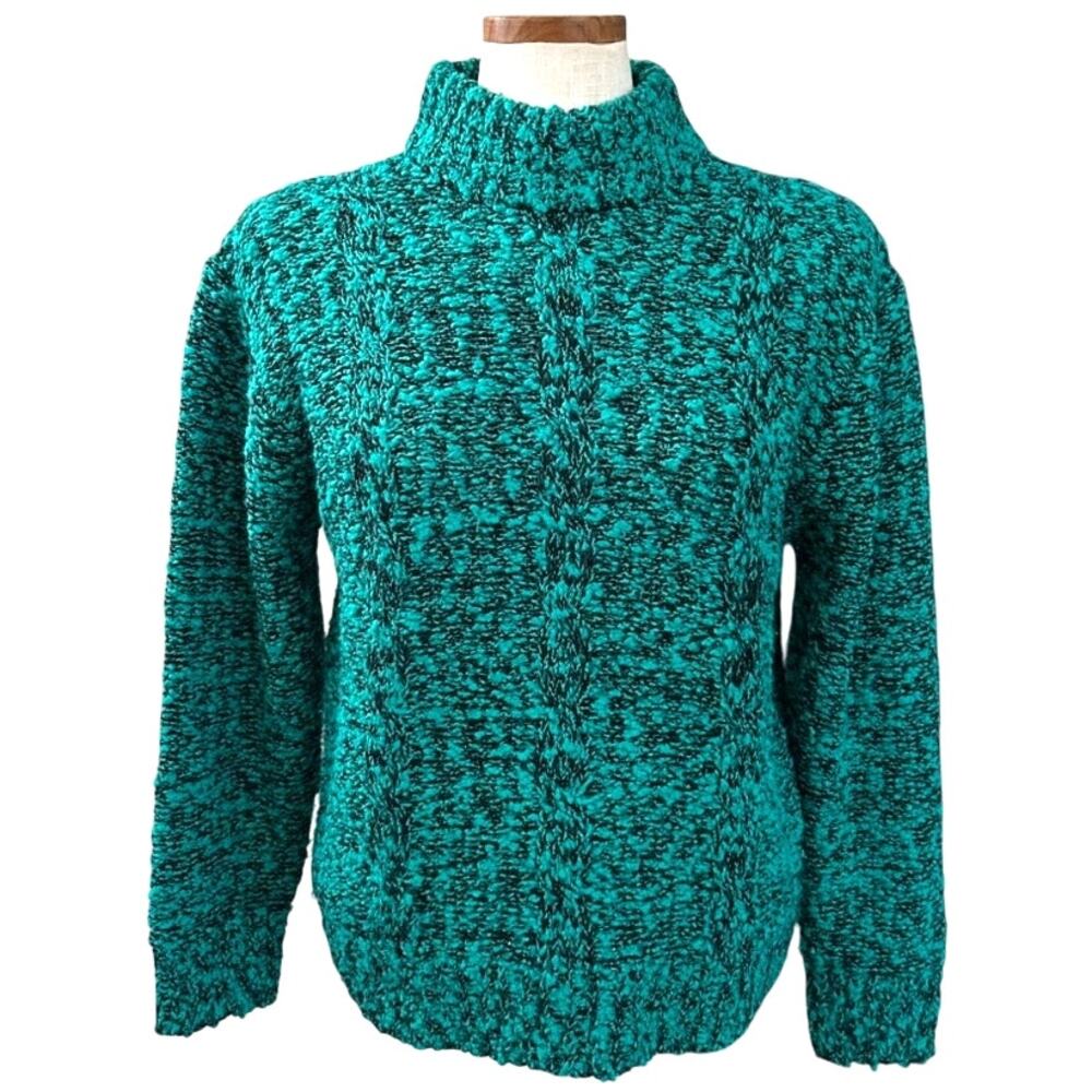 Vintage 80s Teal Black Marbled Mock Neck Chunky Knit Sweater L Boucle Colorblock